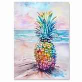 Colorful Pineapple Watercolor Painting with Tropical Beach and Ocean Background on Ready to Hang 1.5" Thick Canvas Wrap, Floating Framed Canvas, Flat Rolled Canvas